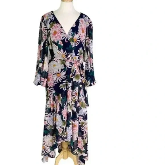 floral ruched chiffon faux wrap dress eliza j Floral Ruched Chiffon Faux Wrap Dress (Women)